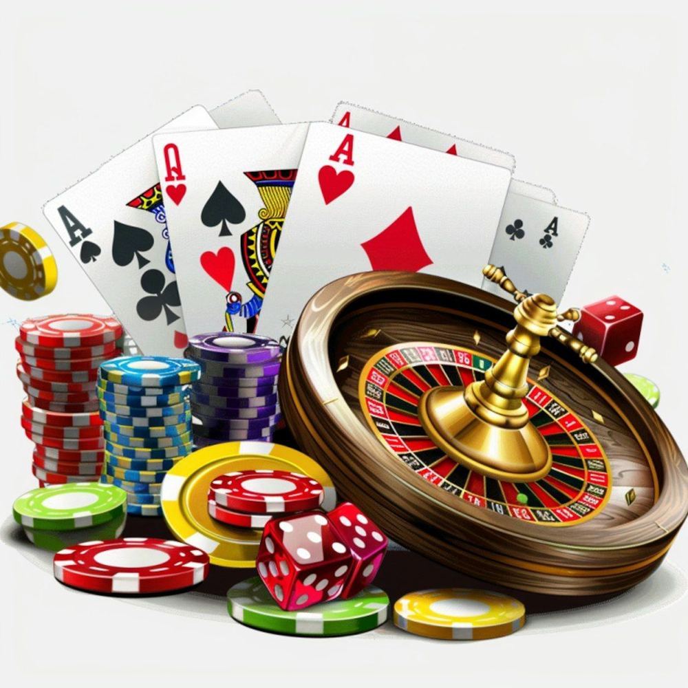 Keripik taruhan, kartu remi, dan roda roulette di atas latar belakang putih